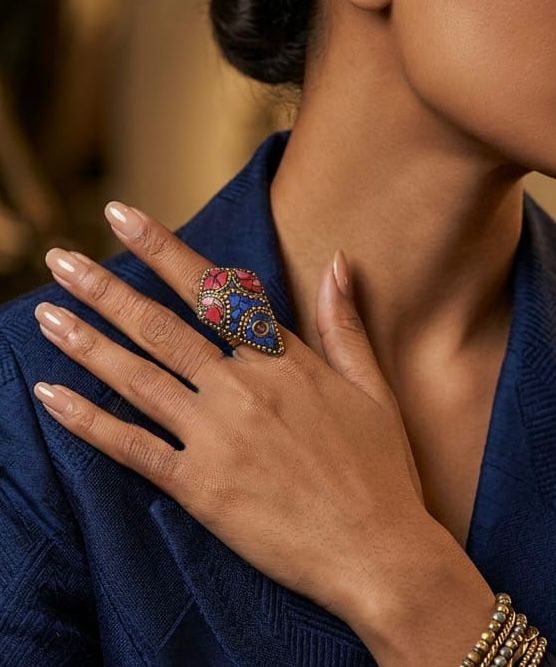 Vintage Antique Brass Lapis Blue Circular Statement Ring