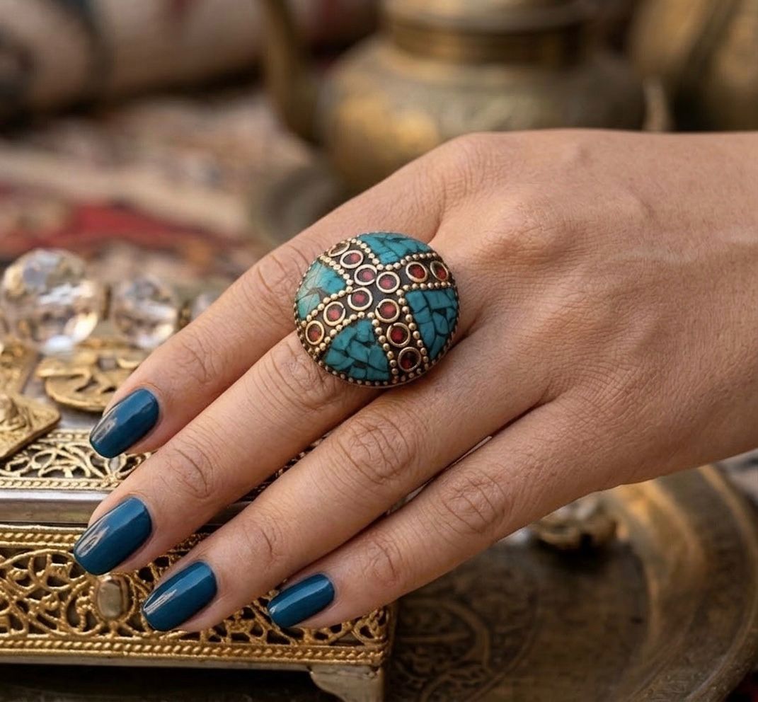 Vintage Antique Brass Lapis Blue Circular Statement Ring