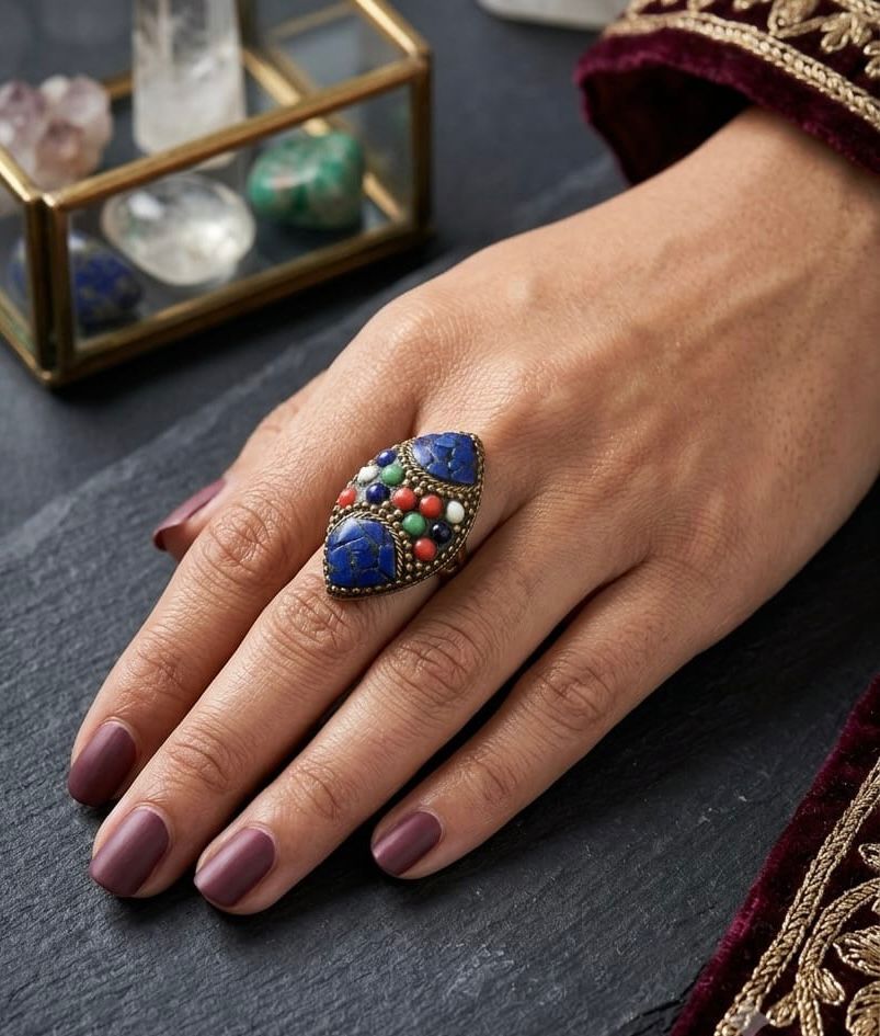 Vintage Antique Brass Lapis Blue Circular Statement Ring