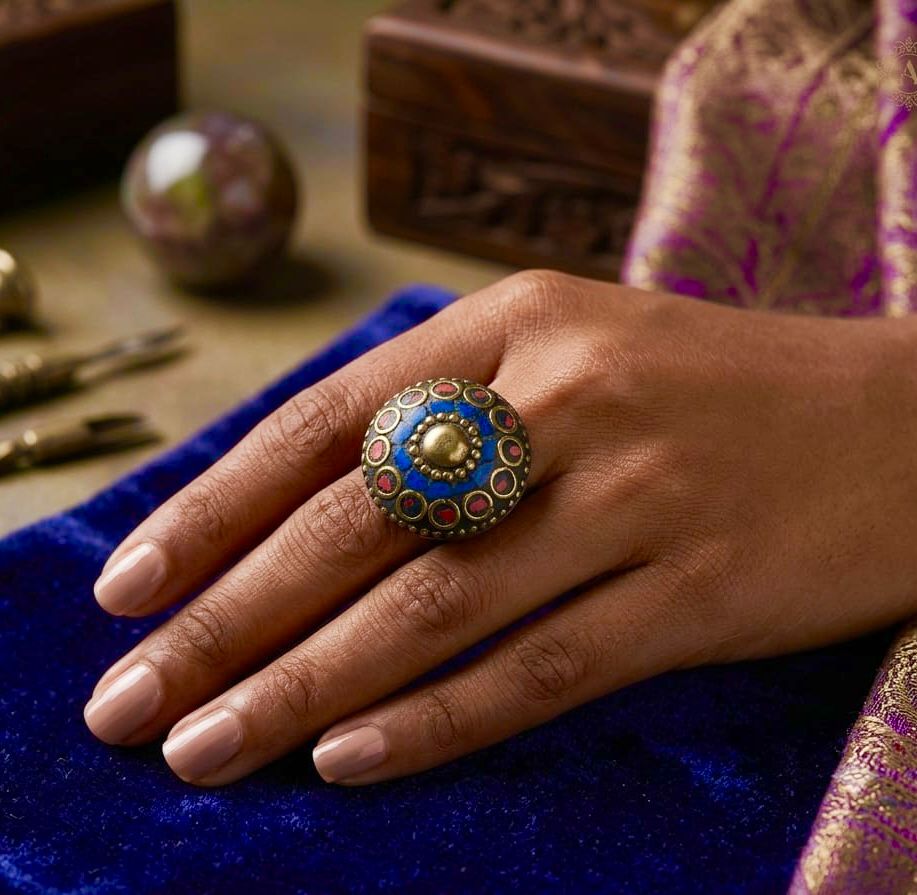 Vintage Antique Brass Lapis Blue Circular Statement Ring