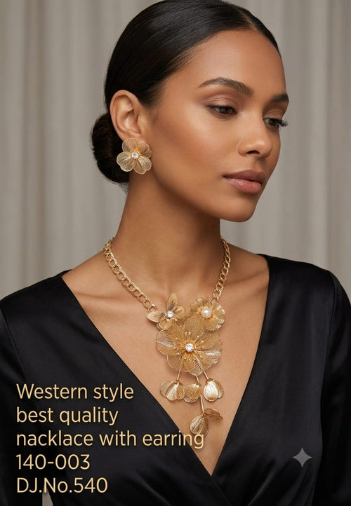 Golden Blossom Textured Anti tarnish imitation Necklace and Earring Set