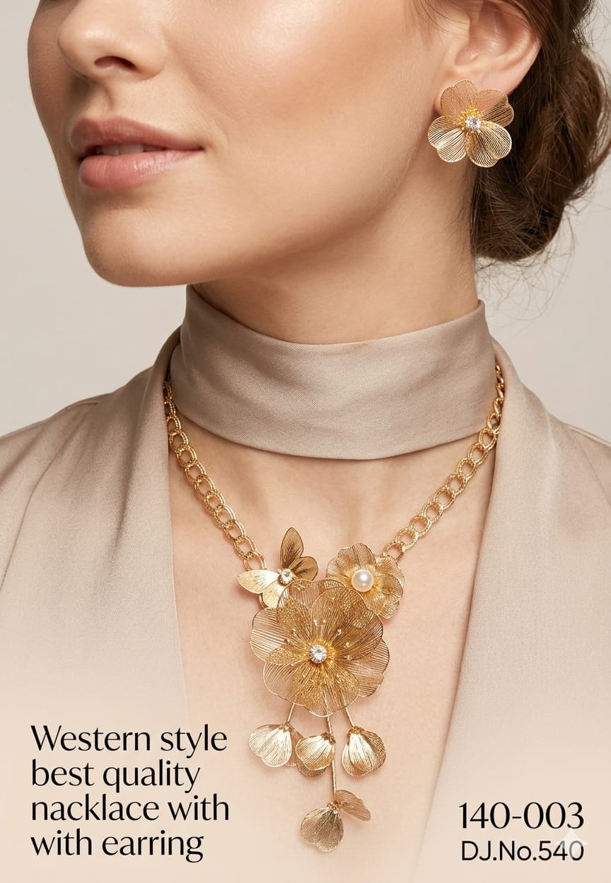 Golden Blossom Textured Anti tarnish imitation Necklace and Earring Set