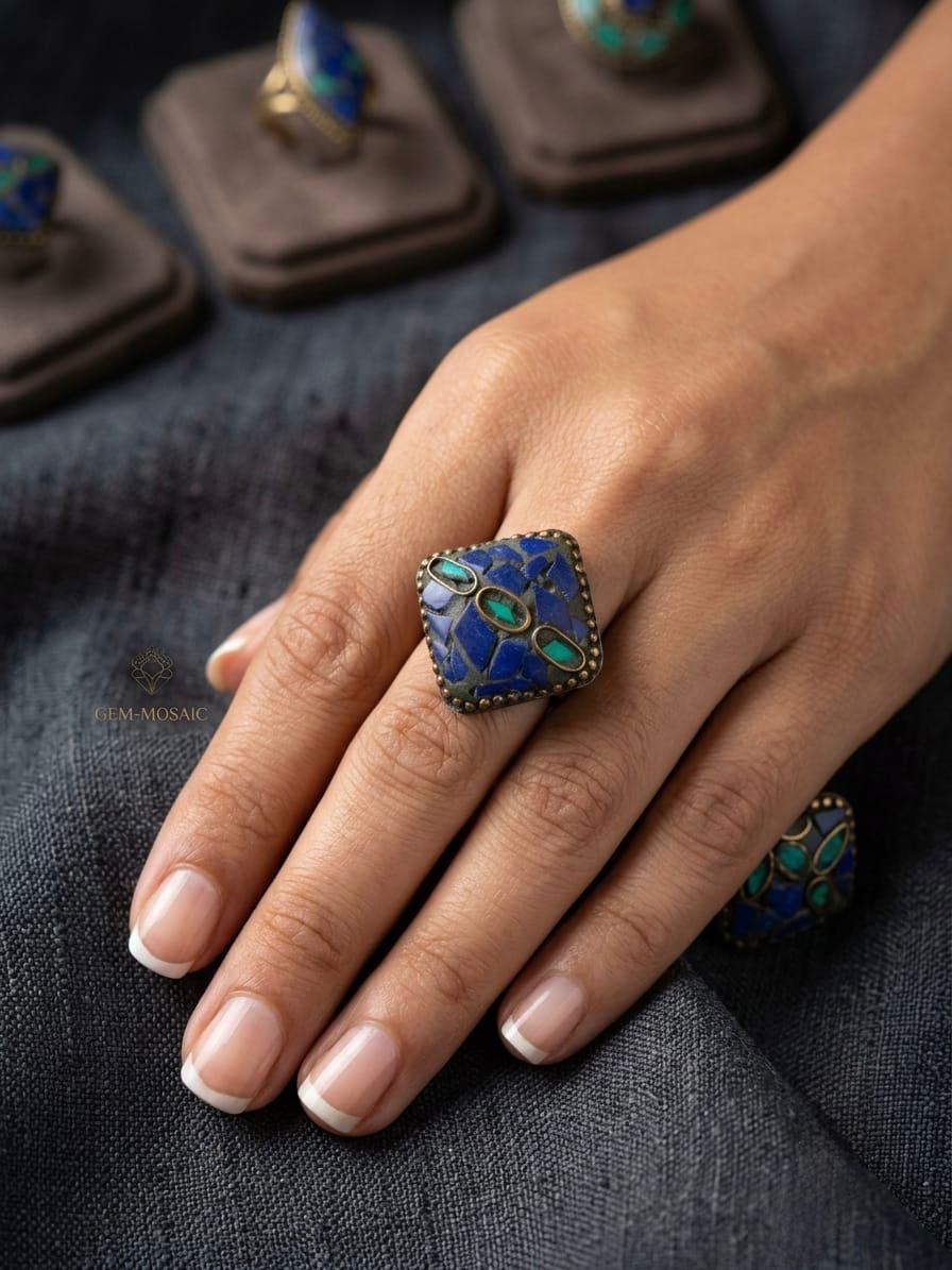 Vintage Antique Brass Lapis Blue Circular Statement Ring