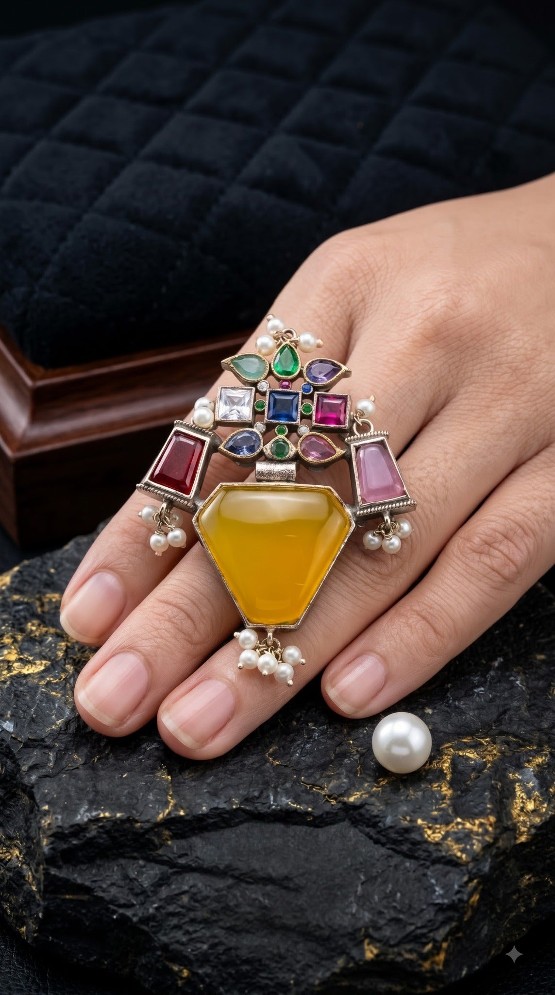 Bani Jewels multicolor gemstone statement ring with pearl detailing