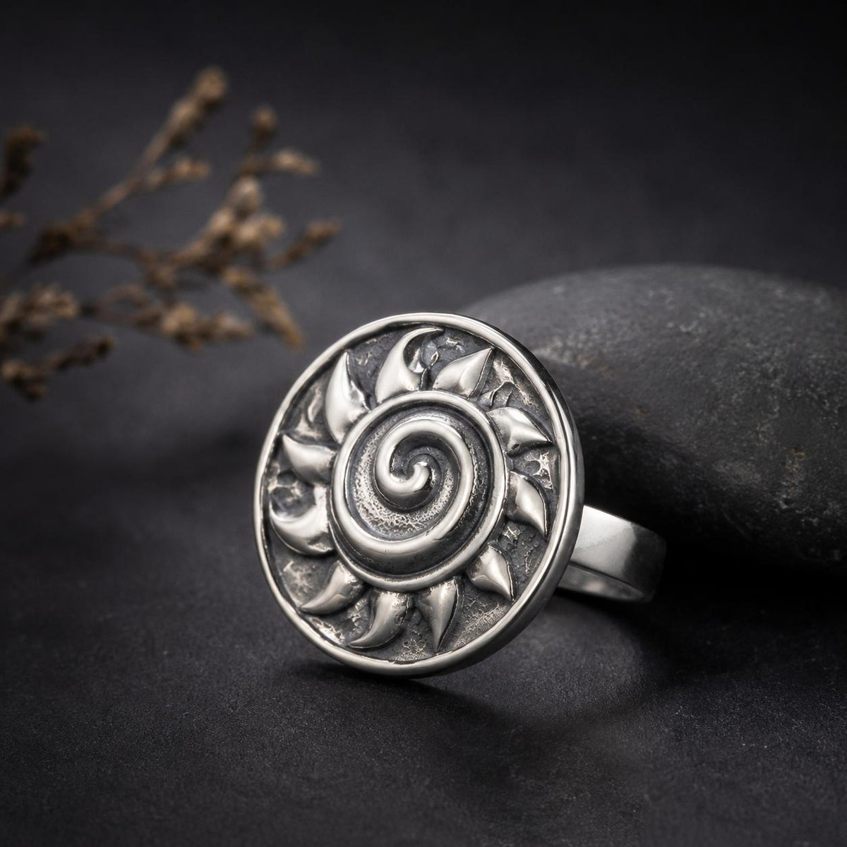 Bani Jewels oxidised silver sun spiral statement ring